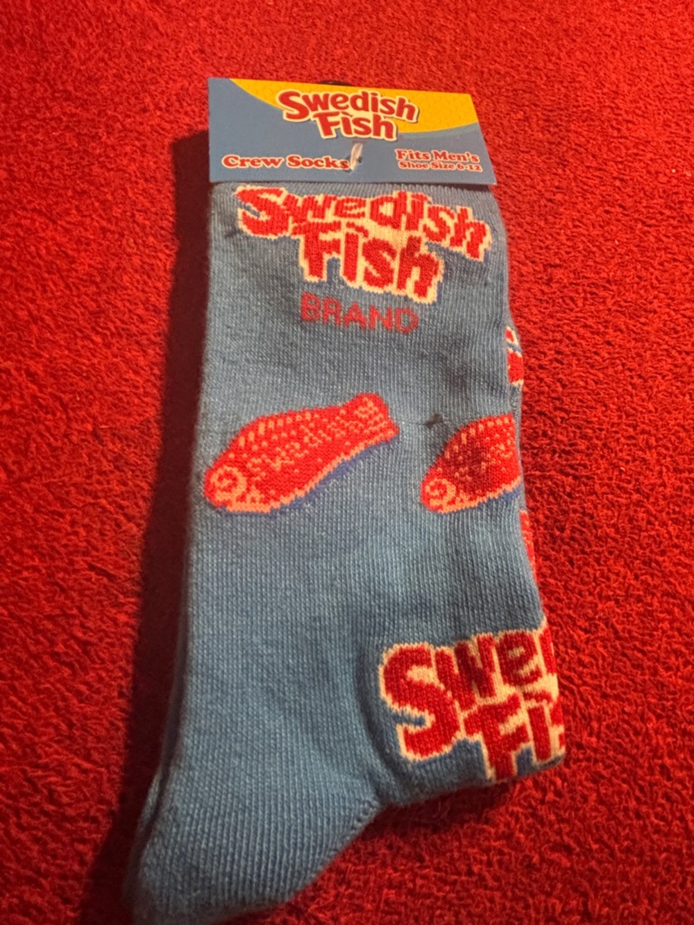 Swedish Fish Blue Crew Socks with Red Fish Design - Shoe size 6-12 new